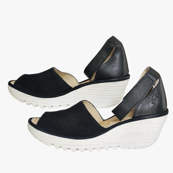 FLY London Yake Perforated Leather Wedge Sandals Black‎ Nubuck Sz 40 White Sole - Picture 2 of 16